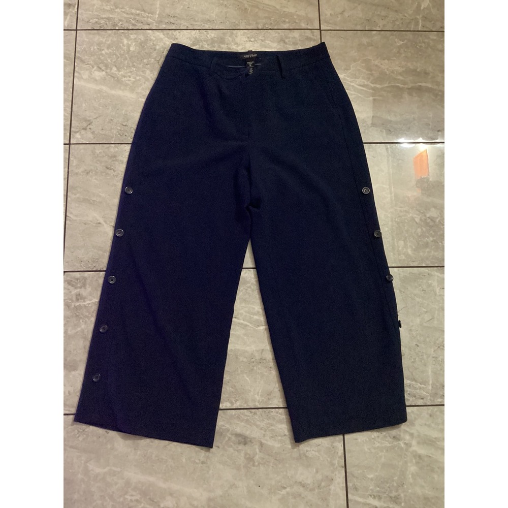 White House Black Market Wide Leg Crop Pants Navy Blue Button Detail Size 8